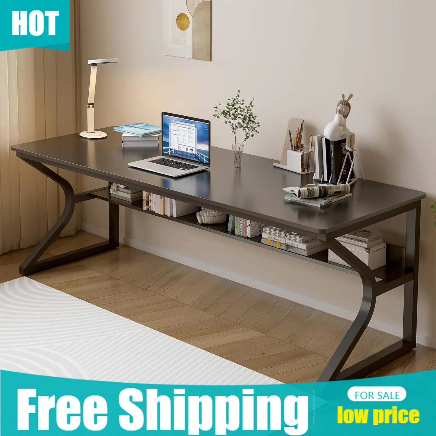 Home Office With Two Desks - Extra Long Desk Bookshelf 71 Double