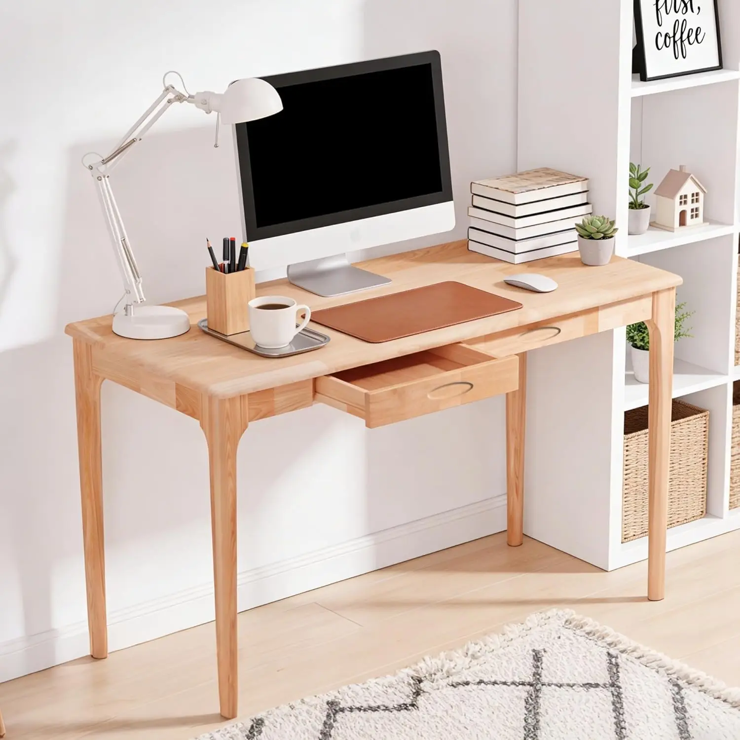 Home Office Work Table - 47 Inch Beech Solid Wood Desk
