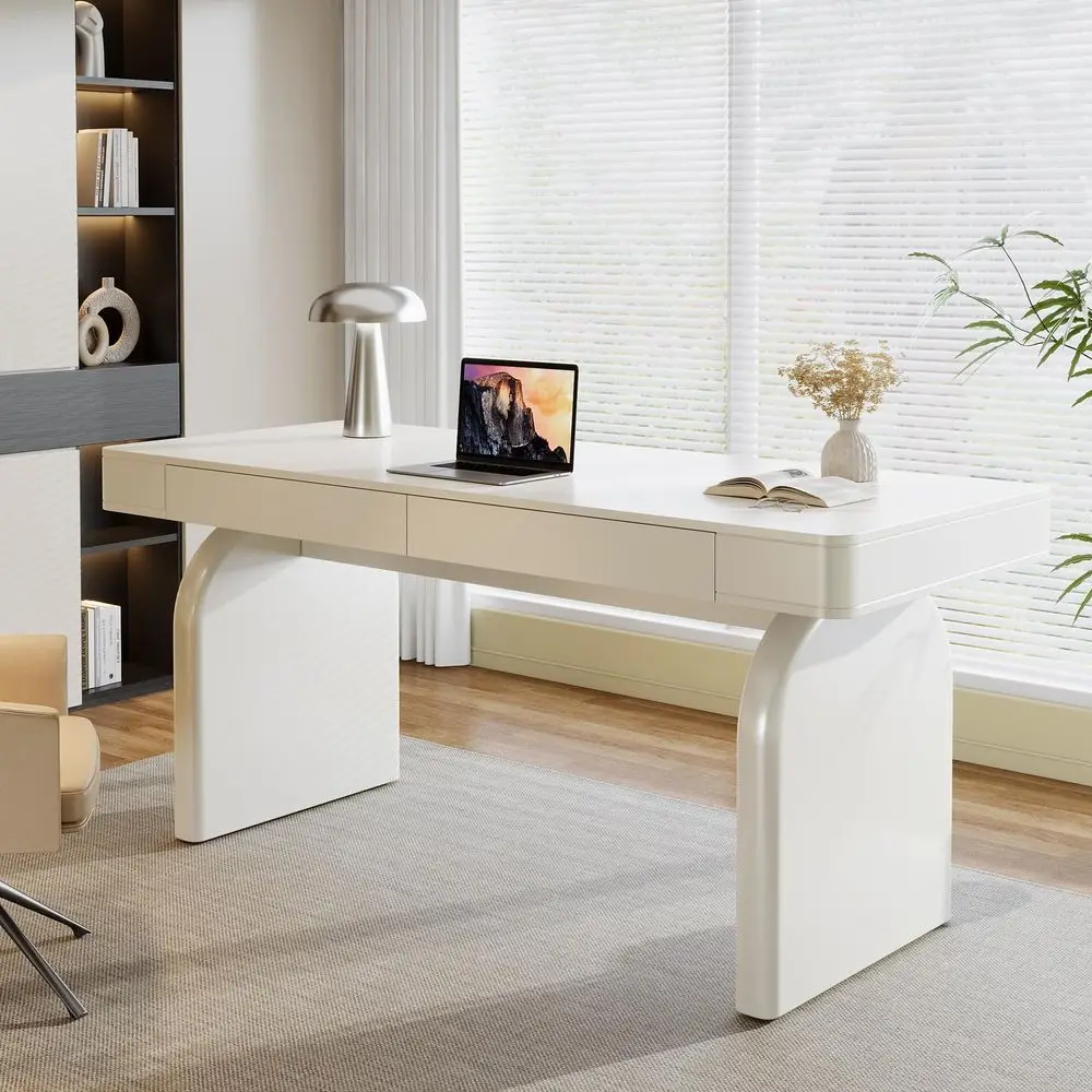 Home Office Work Table - 63 Inch Modern White Desk with