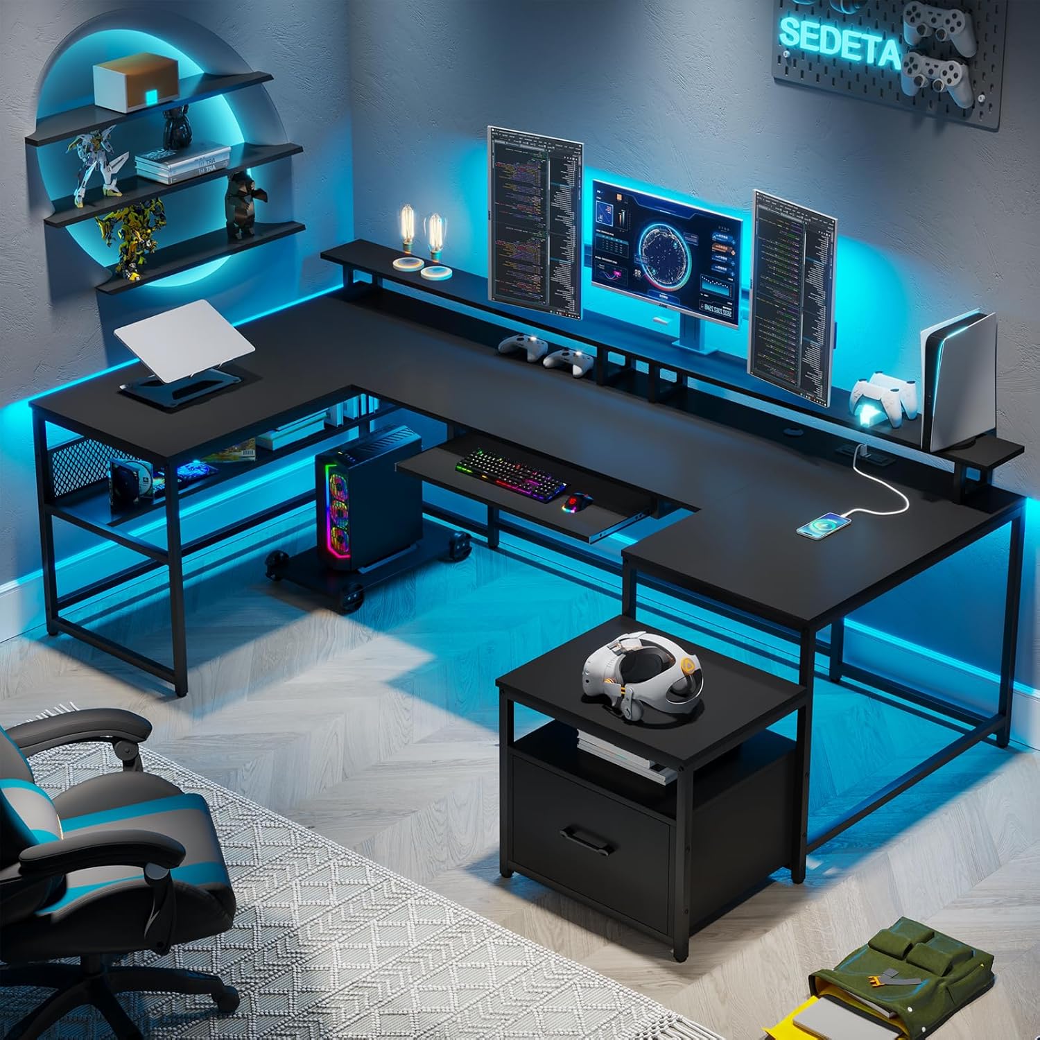 Home Office With Two Desks - U Shaped Desk,101.5''Reversible L Shaped Home