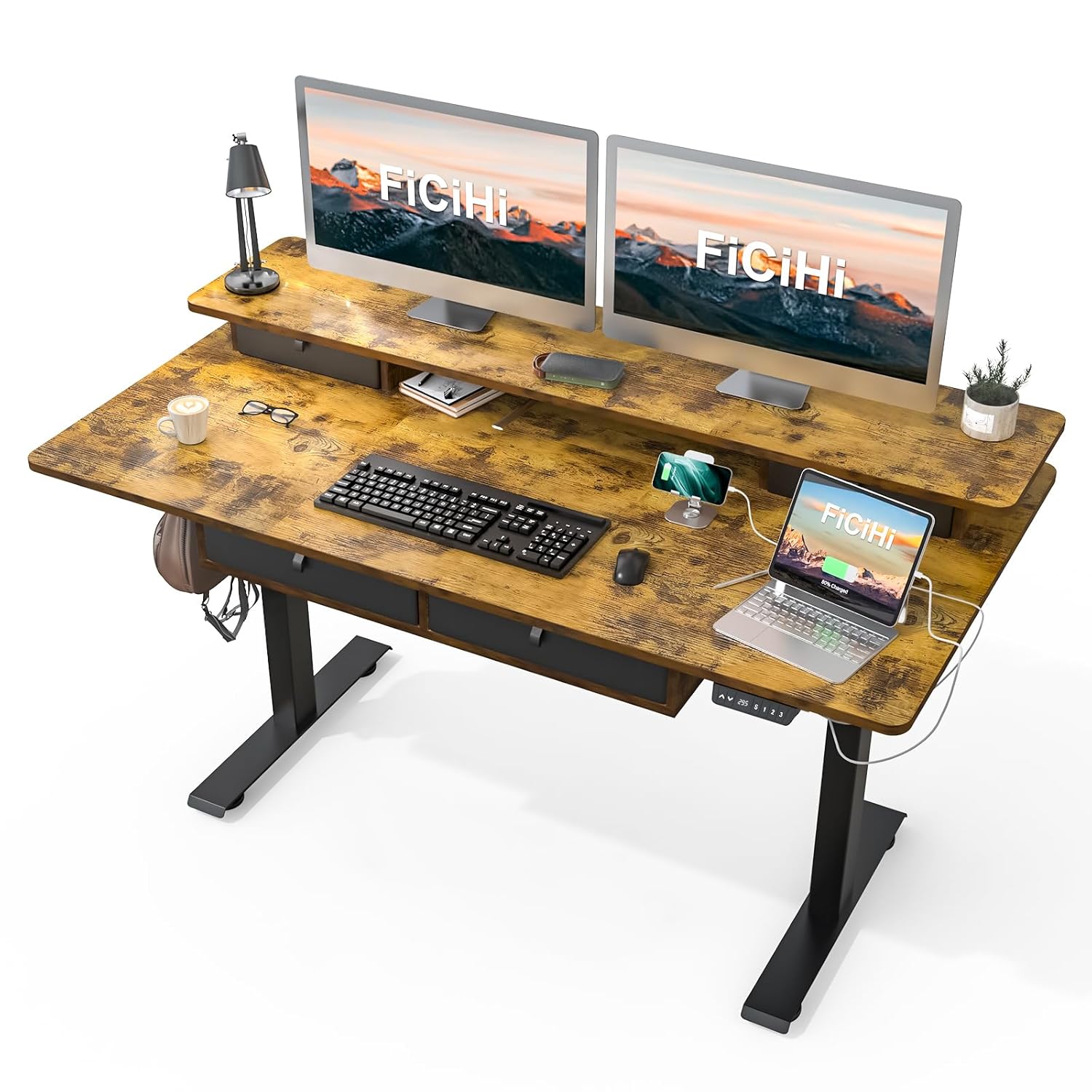 Home Office With Two Desks - Height Adjustable Electric Desk 4 Drawers